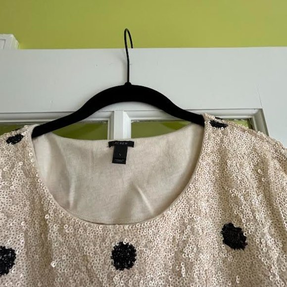 J. Crew sequined top, Cream with black dots, short sleeve, crew neck, size Large - Picture 4 of 4